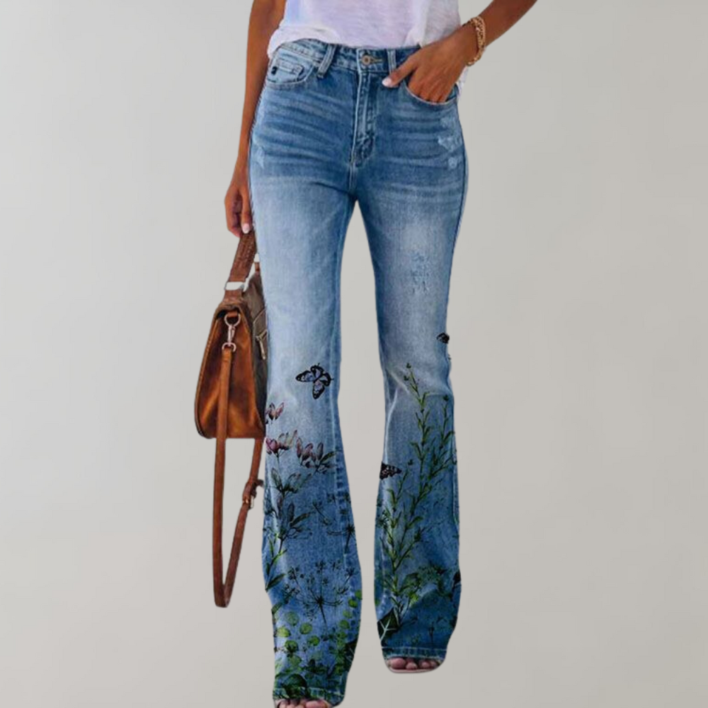 Ashley™ - Jeans a Zampa di Elefante con Fiori in Denim